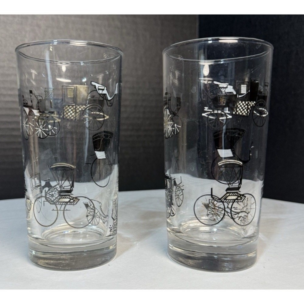 2 VTG Libby Black Gold Antique Buggy Cars Carriage Drinking Glasses‎ Libby